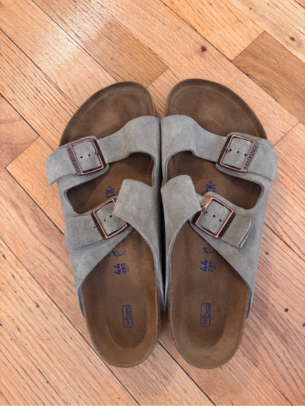 Birkenstock Men's Arizona Suede Soft bed Sandals in Taupe size 44